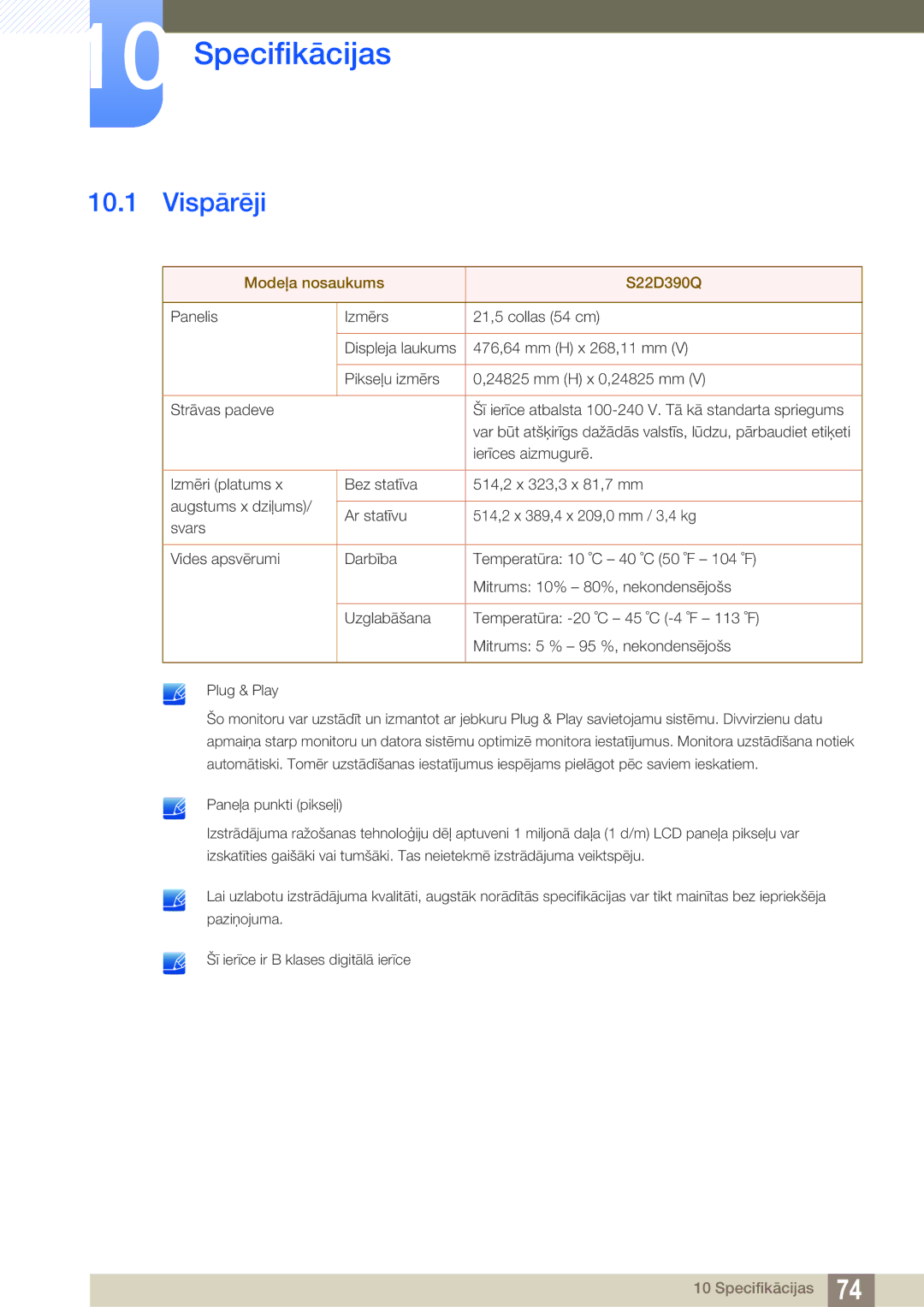 Samsung LS22D390QS/EN manual Specifikācijas, Vispārēji 