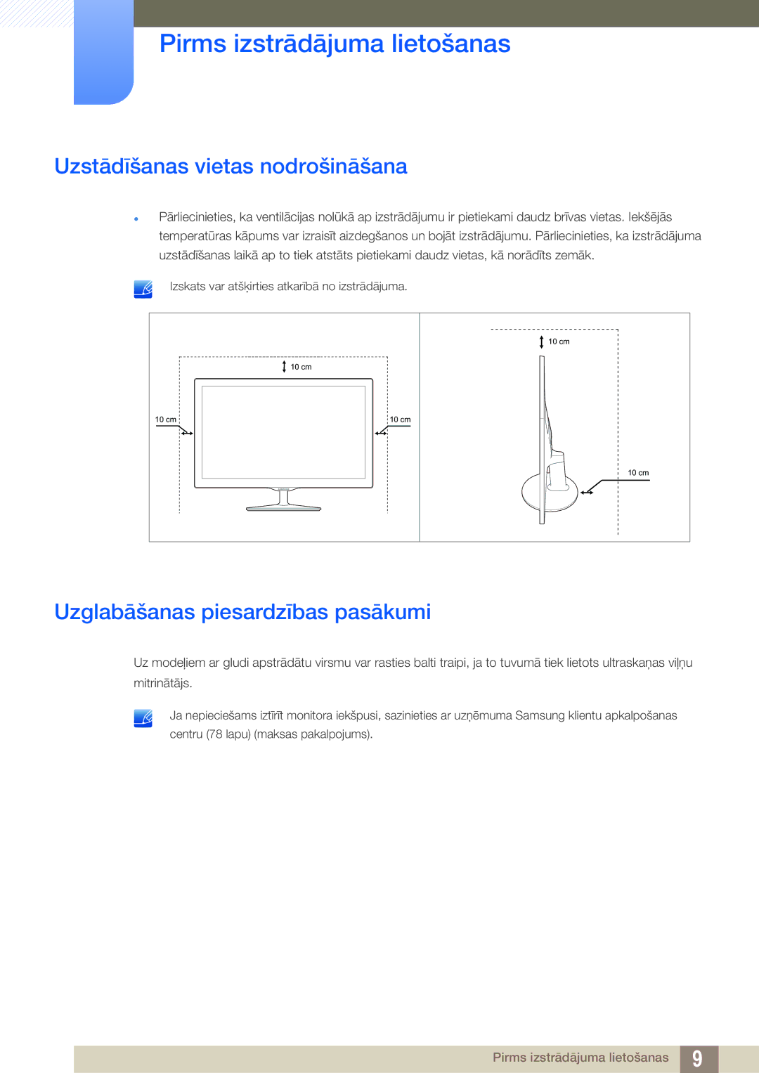 Samsung LS22D390QS/EN manual Uzstādīšanas vietas nodrošināšana, Uzglabāšanas piesardzības pasākumi 