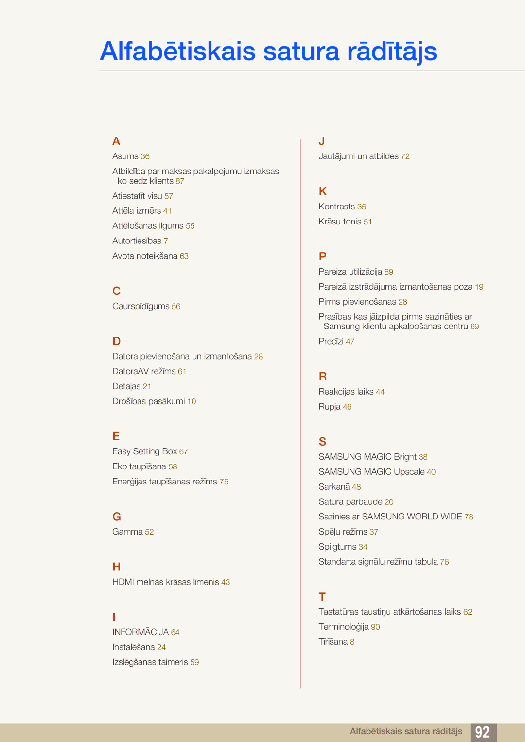 Samsung LS22D390QS/EN manual Alfabētiskais satura rādītājs 