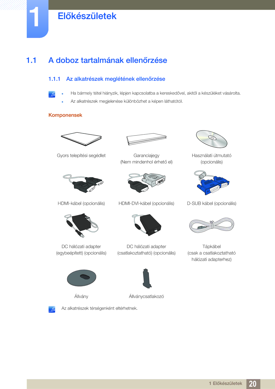 Samsung LS22D390QS/EN Előkészületek, Doboz tartalmának ellenőrzése, Az alkatrészek meglétének ellenőrzése, Komponensek 