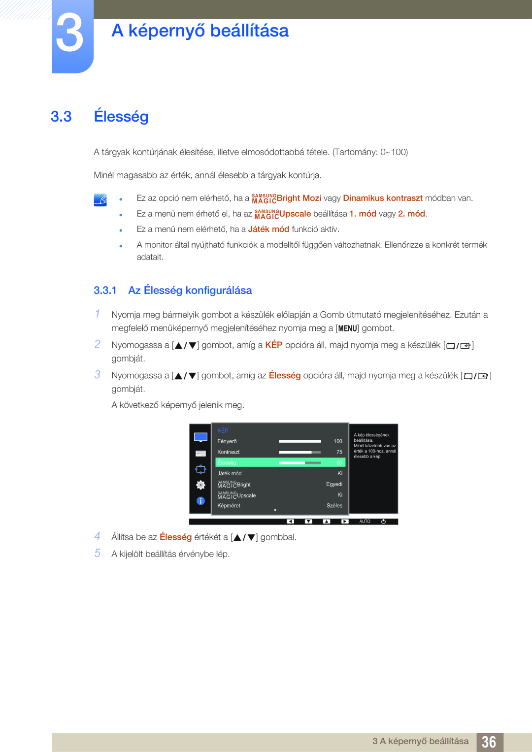 Samsung LS22D390QS/EN manual 1 Az Élesség konfigurálása 