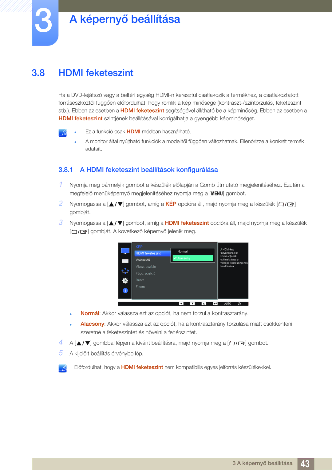 Samsung LS22D390QS/EN manual Hdmi feketeszint beállítások konfigurálása 