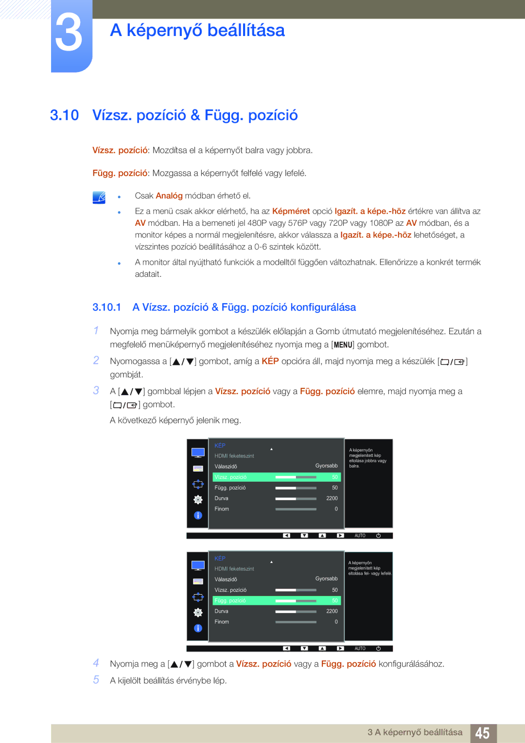 Samsung LS22D390QS/EN manual 10 Vízsz. pozíció & Függ. pozíció, 10.1 a Vízsz. pozíció & Függ. pozíció konfigurálása 