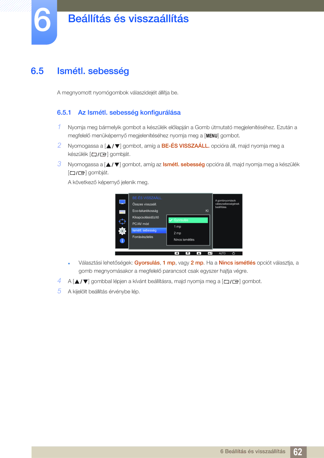 Samsung LS22D390QS/EN manual Az Ismétl. sebesség konfigurálása 