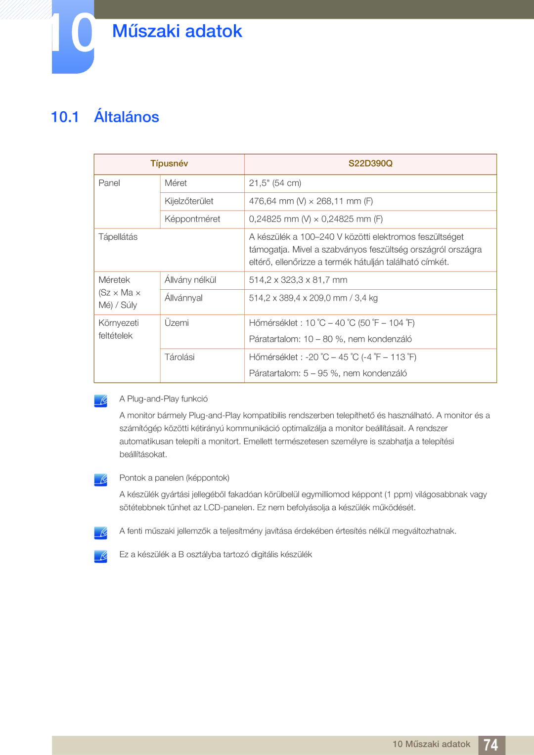 Samsung LS22D390QS/EN manual 10 Műszaki adatok, 10.1 Általános 