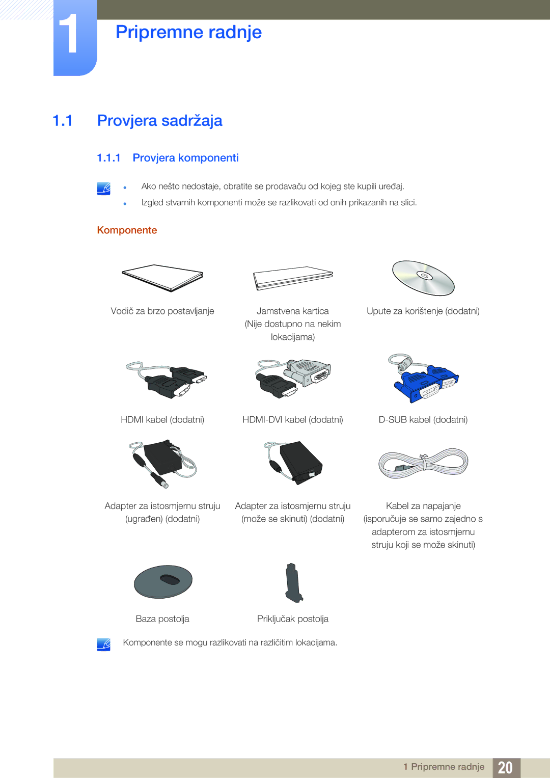 Samsung LS22D390QS/EN manual Pripremne radnje, Provjera sadržaja, Provjera komponenti, Komponente 