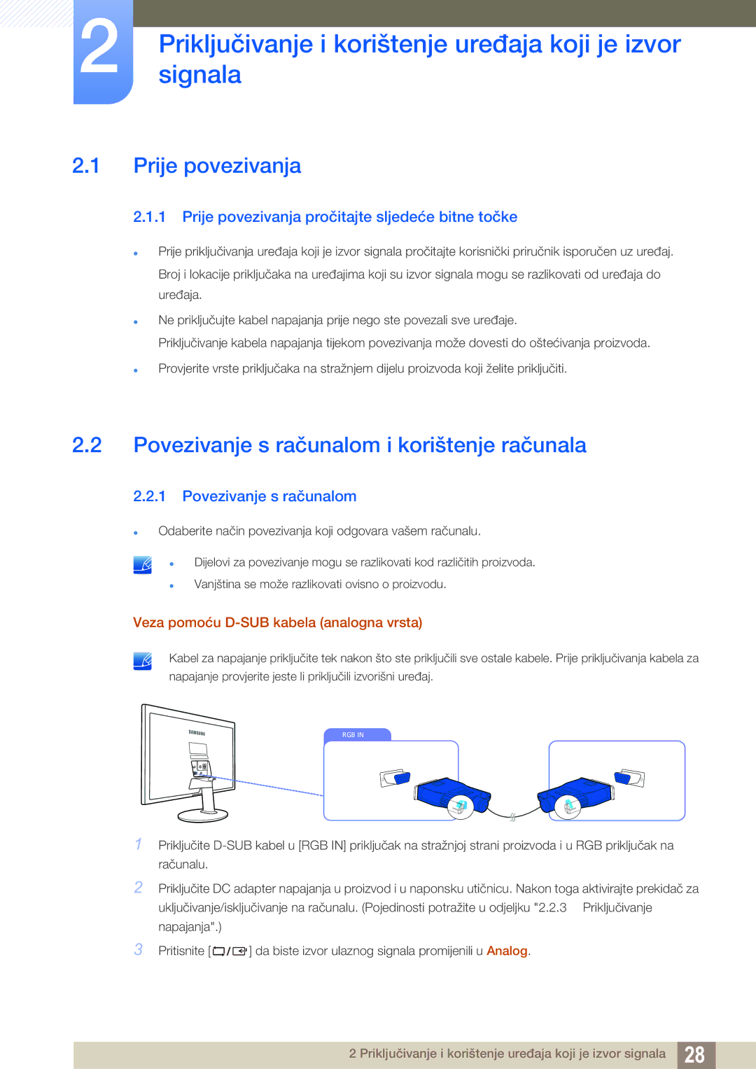 Samsung LS22D390QS/EN Priključivanjesignala i korištenje uređaja koji je izvor, Prije povezivanja, Povezivanje s računalom 