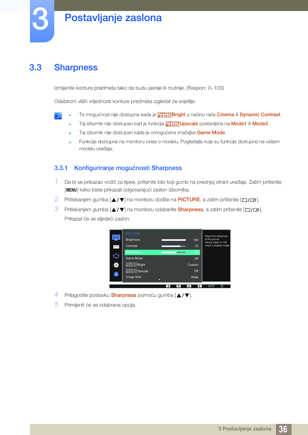 Samsung LS22D390QS/EN manual Konfiguriranje mogućnosti Sharpness 