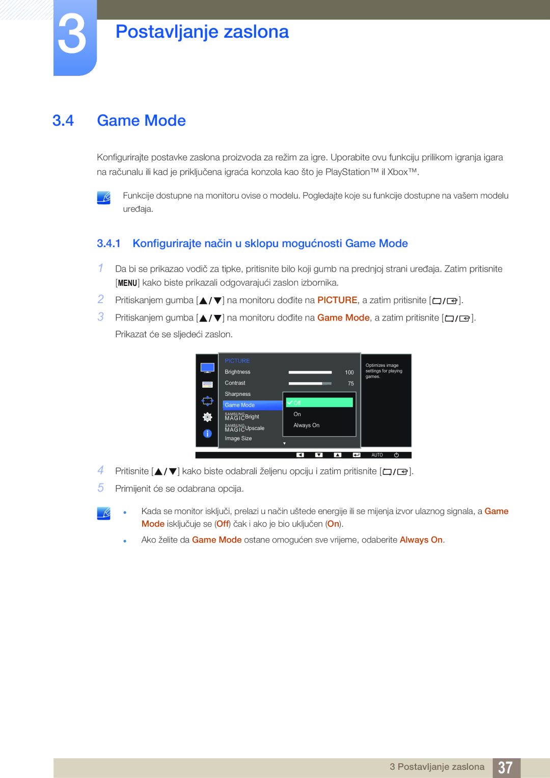 Samsung LS22D390QS/EN manual Konfigurirajte način u sklopu mogućnosti Game Mode 