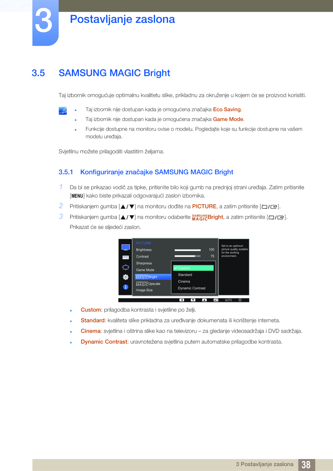 Samsung LS22D390QS/EN manual Konfiguriranje značajke Samsung Magic Bright 