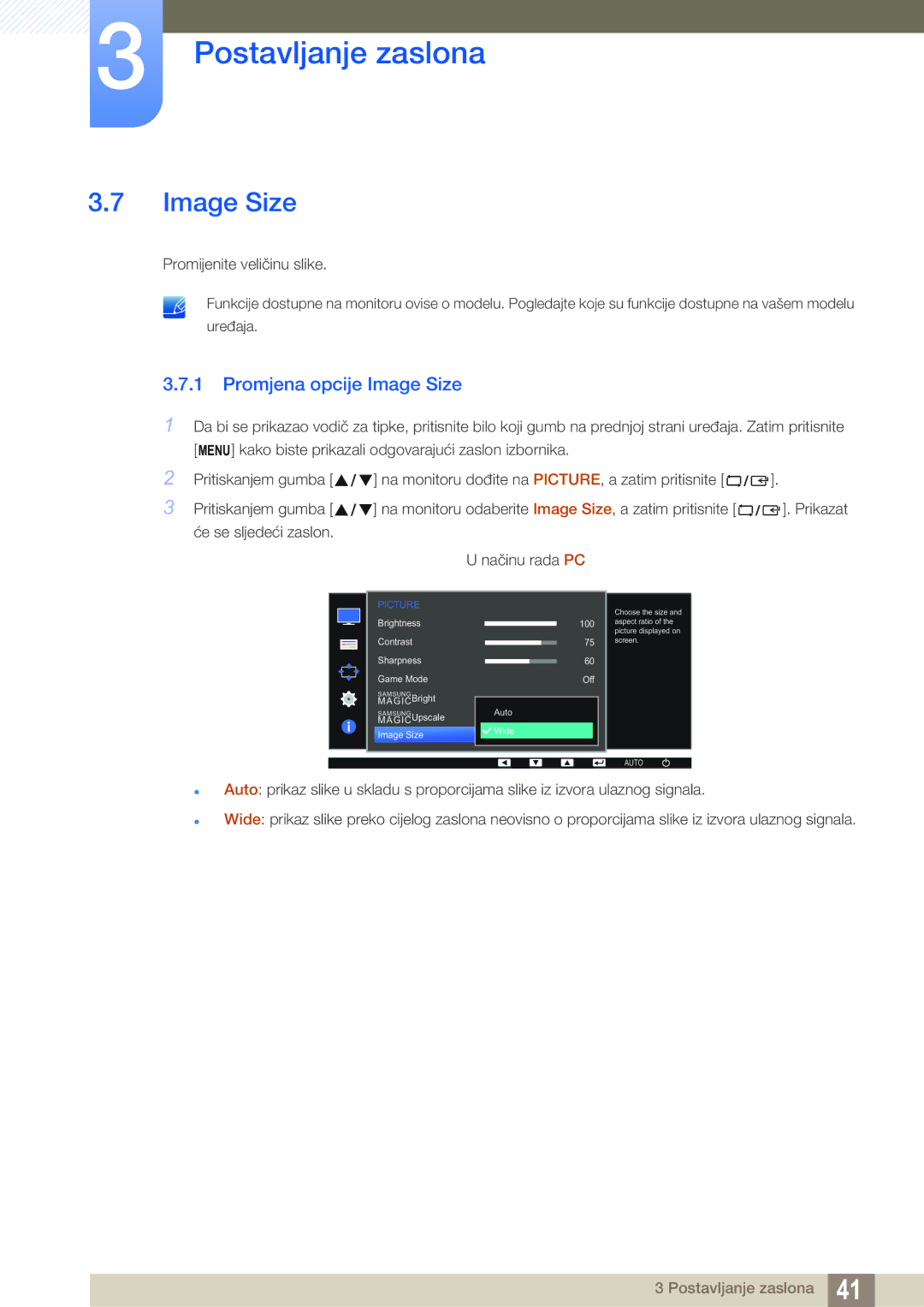 Samsung LS22D390QS/EN manual Promjena opcije Image Size 