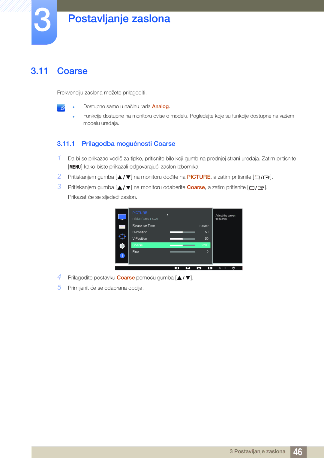 Samsung LS22D390QS/EN manual Prilagodba mogućnosti Coarse 