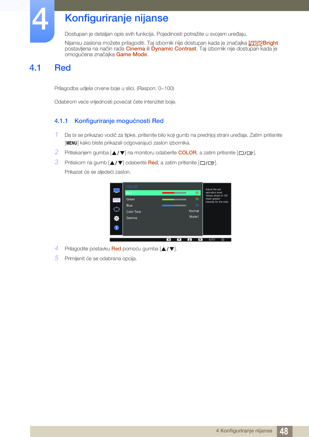 Samsung LS22D390QS/EN manual Konfiguriranje nijanse, Konfiguriranje mogućnosti Red 