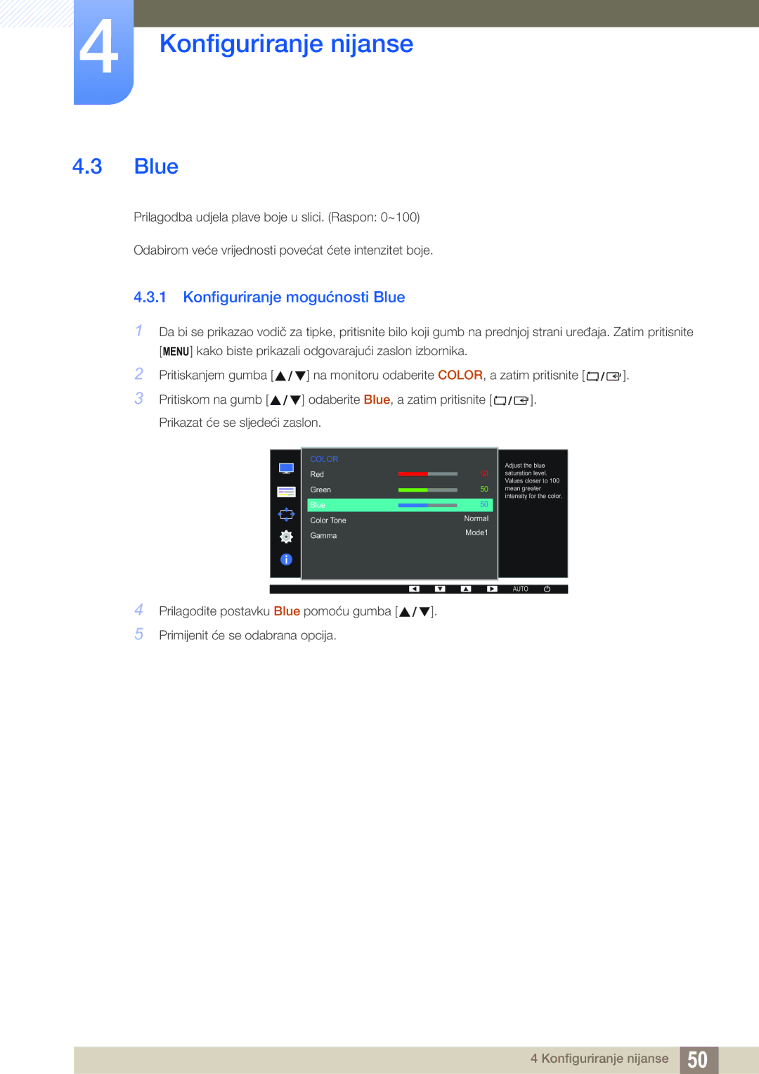 Samsung LS22D390QS/EN manual Konfiguriranje mogućnosti Blue 