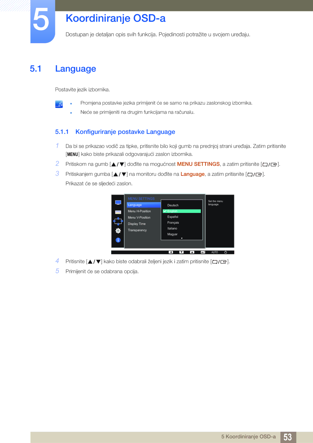 Samsung LS22D390QS/EN manual Koordiniranje OSD-a, Konfiguriranje postavke Language 