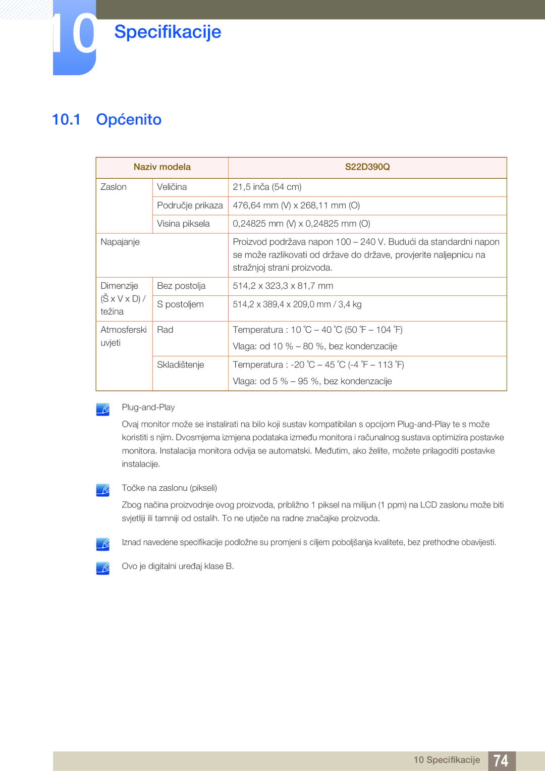 Samsung LS22D390QS/EN manual Specifikacije, 10.1 Općenito 