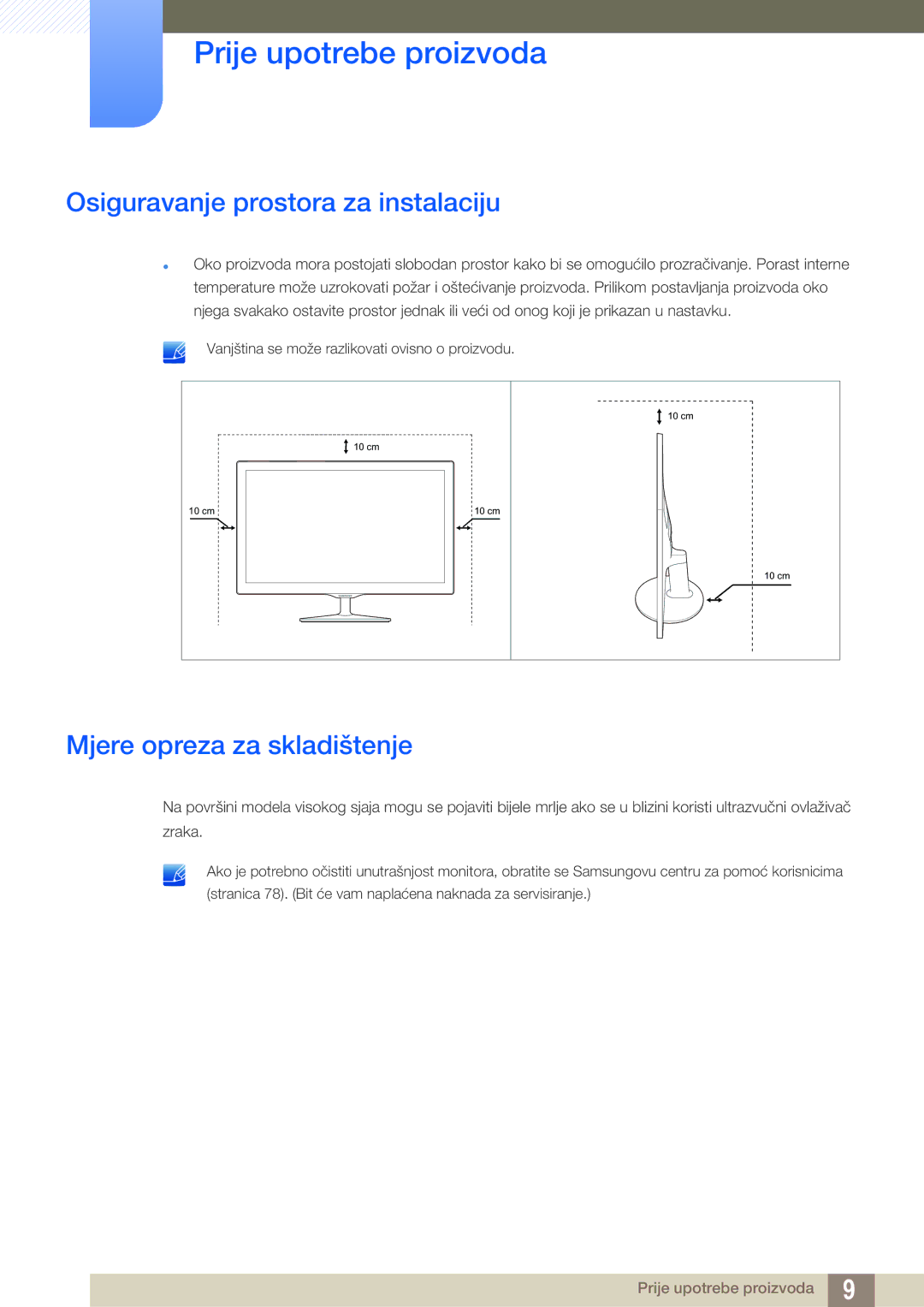 Samsung LS22D390QS/EN manual Osiguravanje prostora za instalaciju, Mjere opreza za skladištenje 