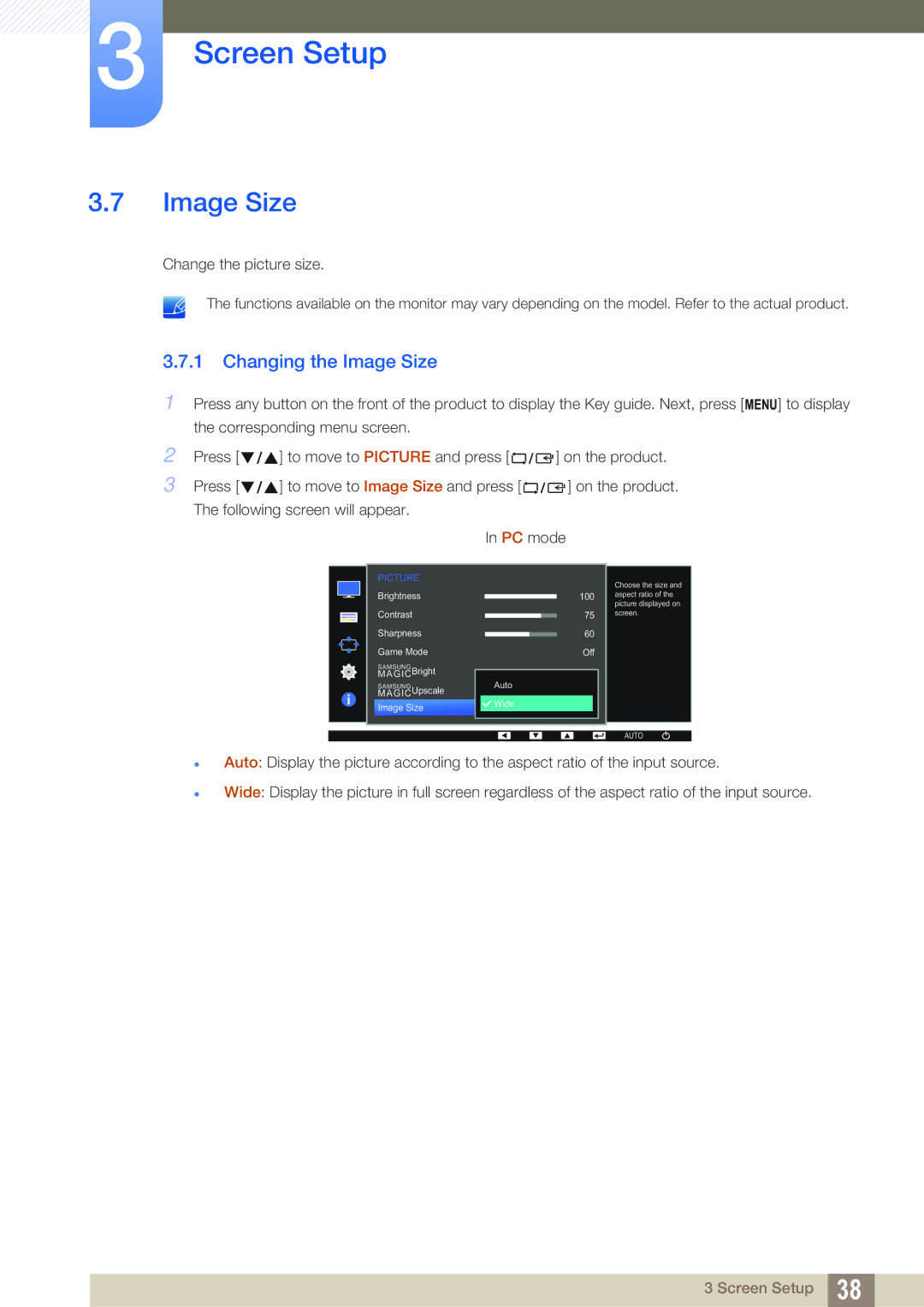 Samsung LS22D391QS/EN, LS22D391QSX/CI manual Changing the Image Size 