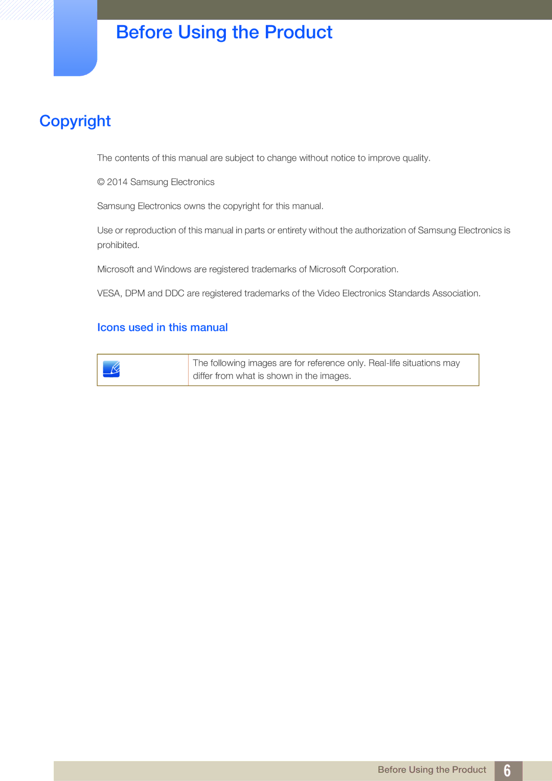 Samsung LS22D391QS/EN, LS22D391QSX/CI Before Using the Product, Copyright, Icons used in this manual 