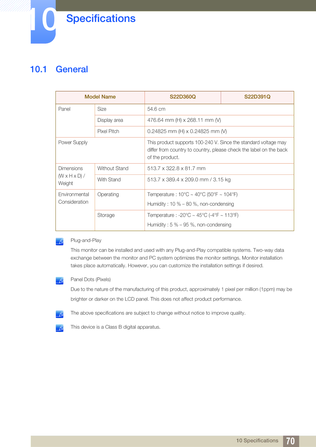 Samsung LS22D391QS/EN, LS22D391QSX/CI manual Specifications, General 