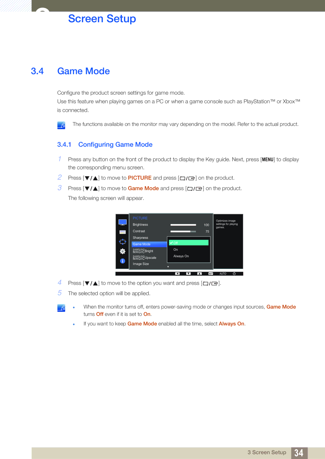 Samsung LS22D391QS/EN, LS22D391QSX/CI manual Configuring Game Mode 