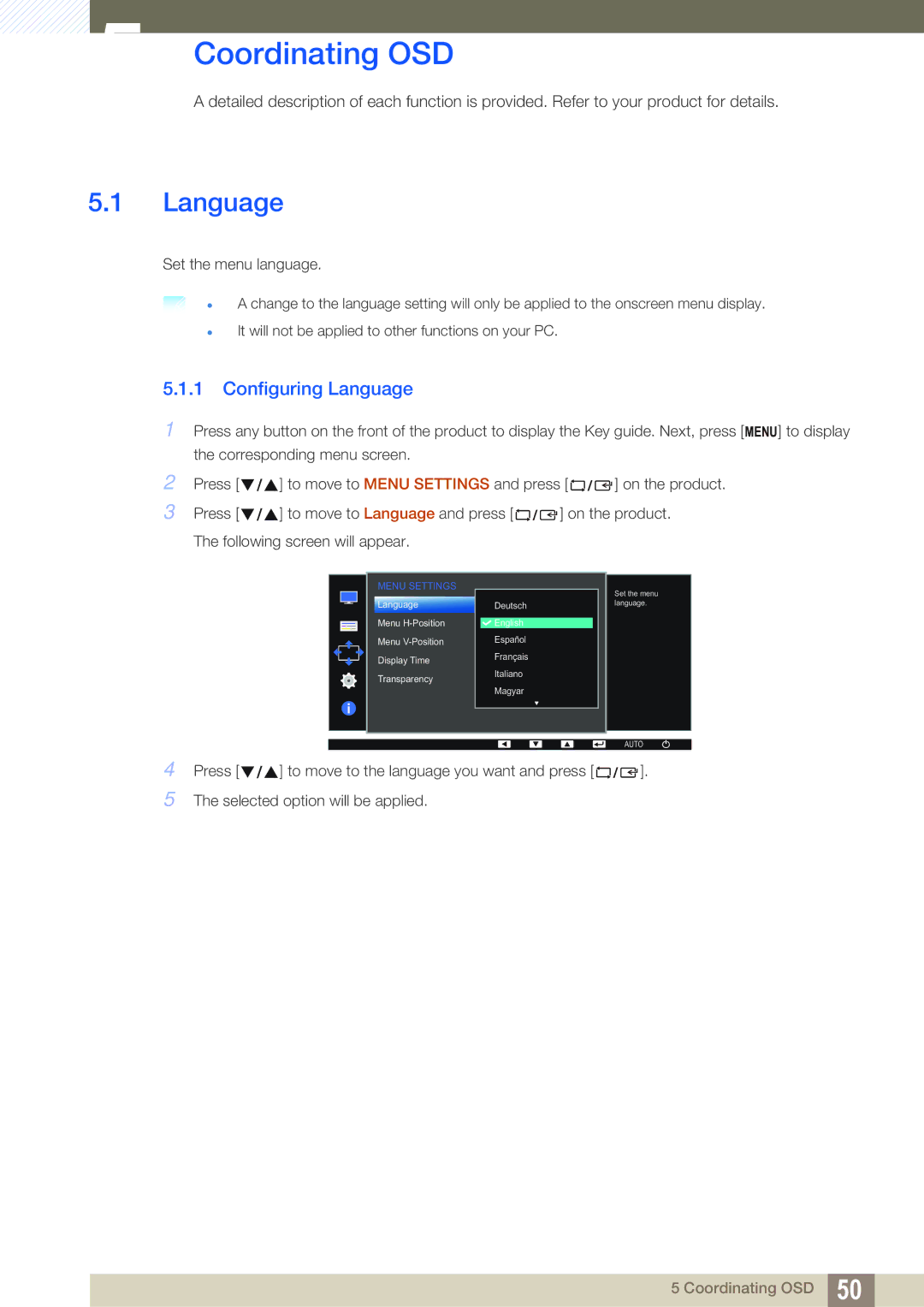 Samsung LS22D391QS/EN, LS22D391QSX/CI manual Coordinating OSD, Configuring Language 