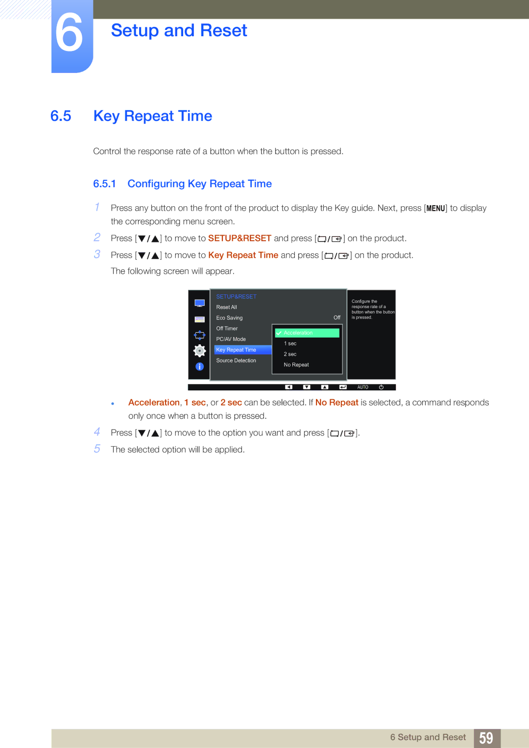 Samsung LS22D391QSX/CI, LS22D391QS/EN manual Configuring Key Repeat Time 