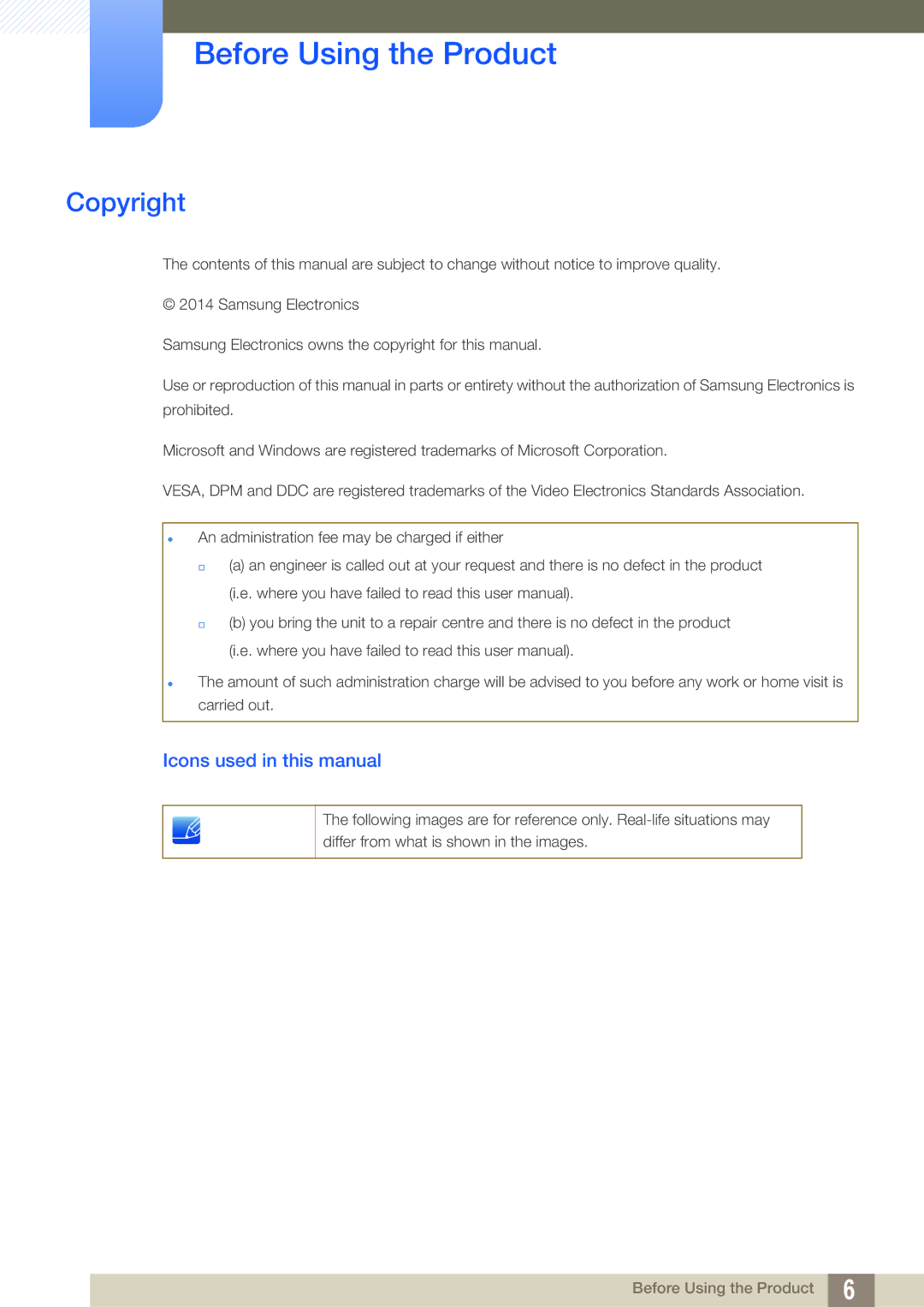 Samsung LS22D391QS/EN, LS22D391QSX/CI Before Using the Product, Copyright, Icons used in this manual 