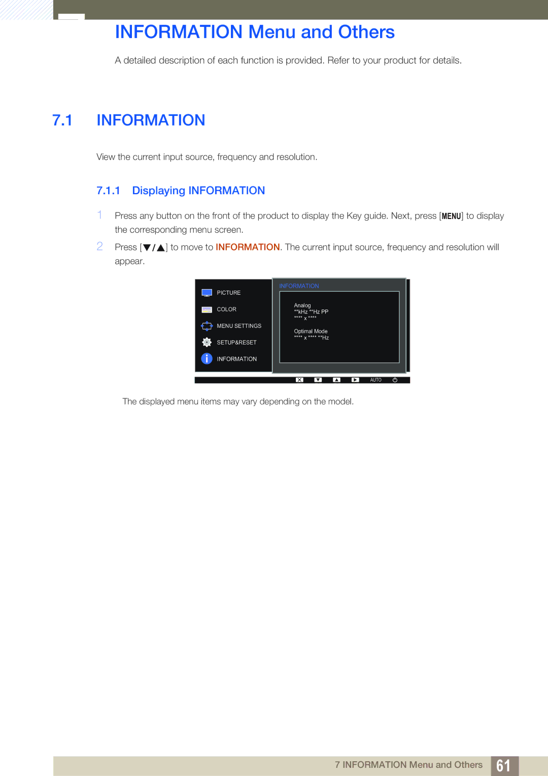 Samsung LS22D391QSX/CI, LS22D391QS/EN manual Information Menu and Others, Displaying Information 