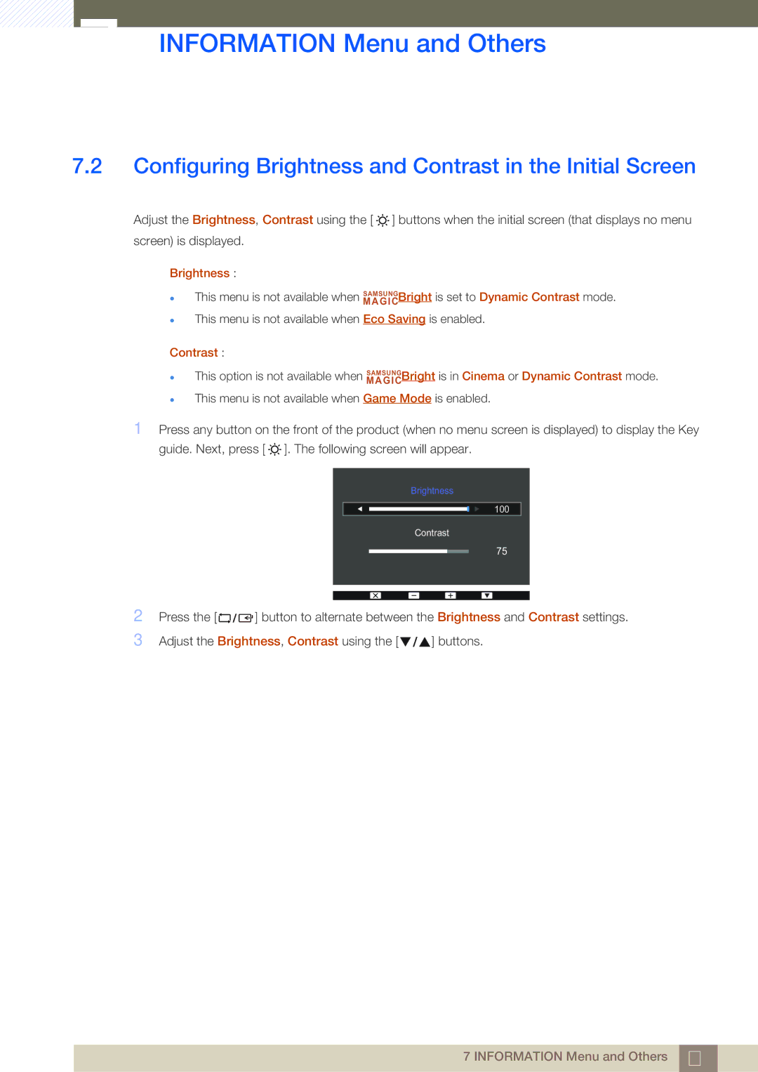 Samsung LS22D391QS/EN, LS22D391QSX/CI manual Configuring Brightness and Contrast in the Initial Screen 