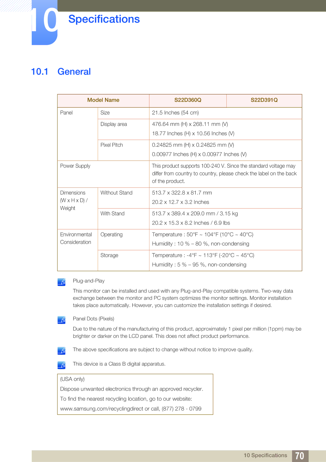 Samsung LS22D391QS/EN, LS22D391QSX/CI manual Specifications, General 