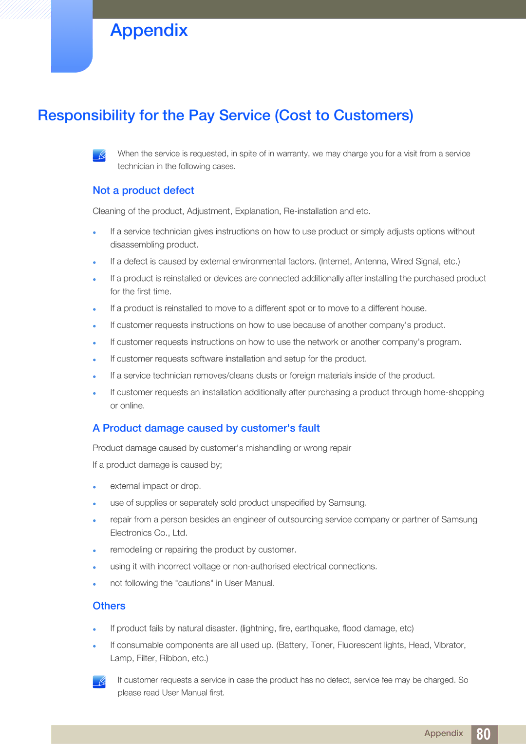 Samsung LS22D391QS/EN, LS22D391QSX/CI Responsibility for the Pay Service Cost to Customers, Not a product defect, Others 