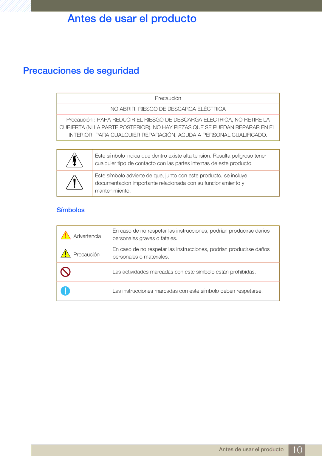 Samsung LS22D391QS/EN manual Precauciones de seguridad, Símbolos 