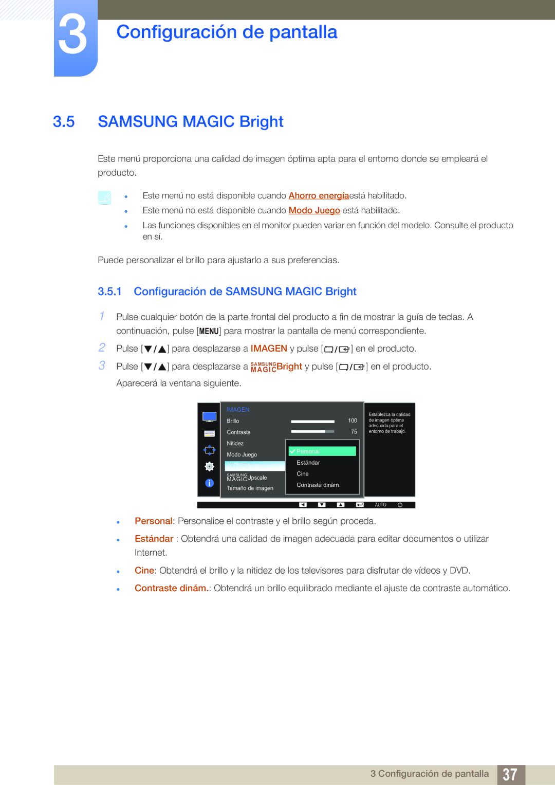 Samsung LS22D391QS/EN manual Configuración de Samsung Magic Bright 