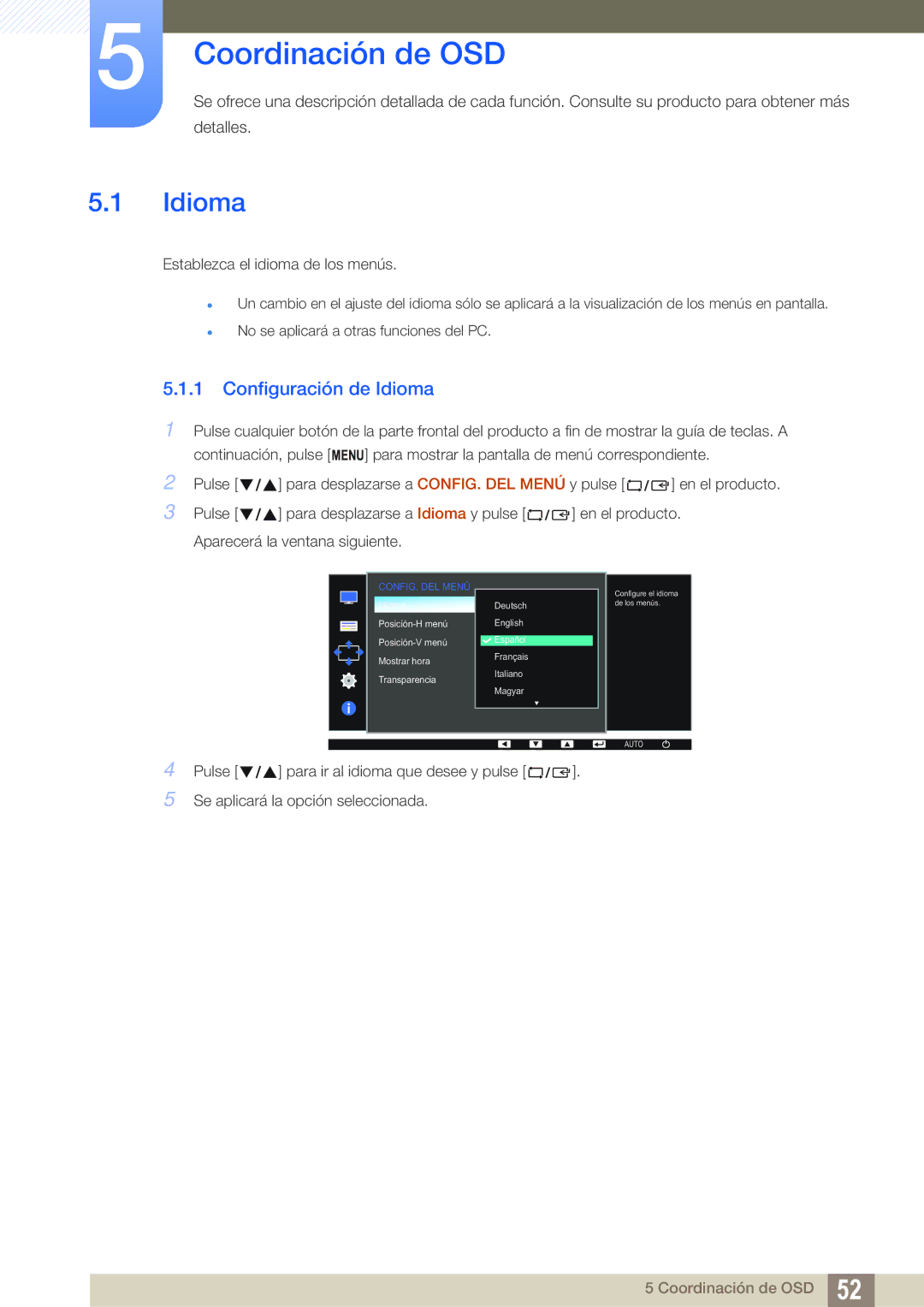 Samsung LS22D391QS/EN manual Coordinación de OSD, Configuración de Idioma 