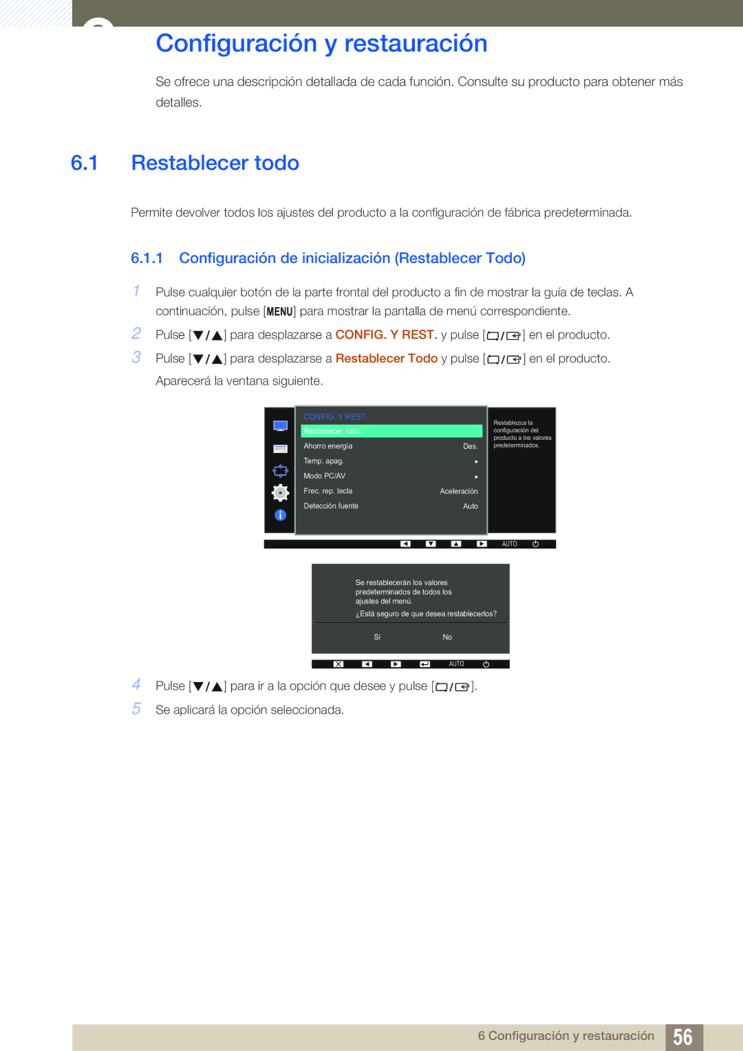 Samsung LS22D391QS/EN Configuración y restauración, Restablecer todo, Configuración de inicialización Restablecer Todo 