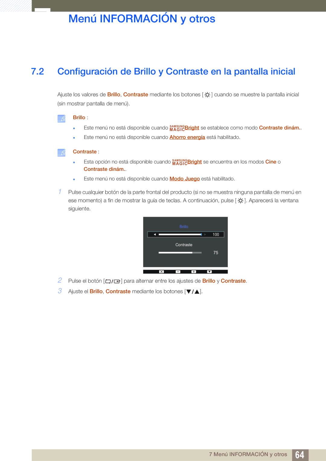 Samsung LS22D391QS/EN manual Configuración de Brillo y Contraste en la pantalla inicial 