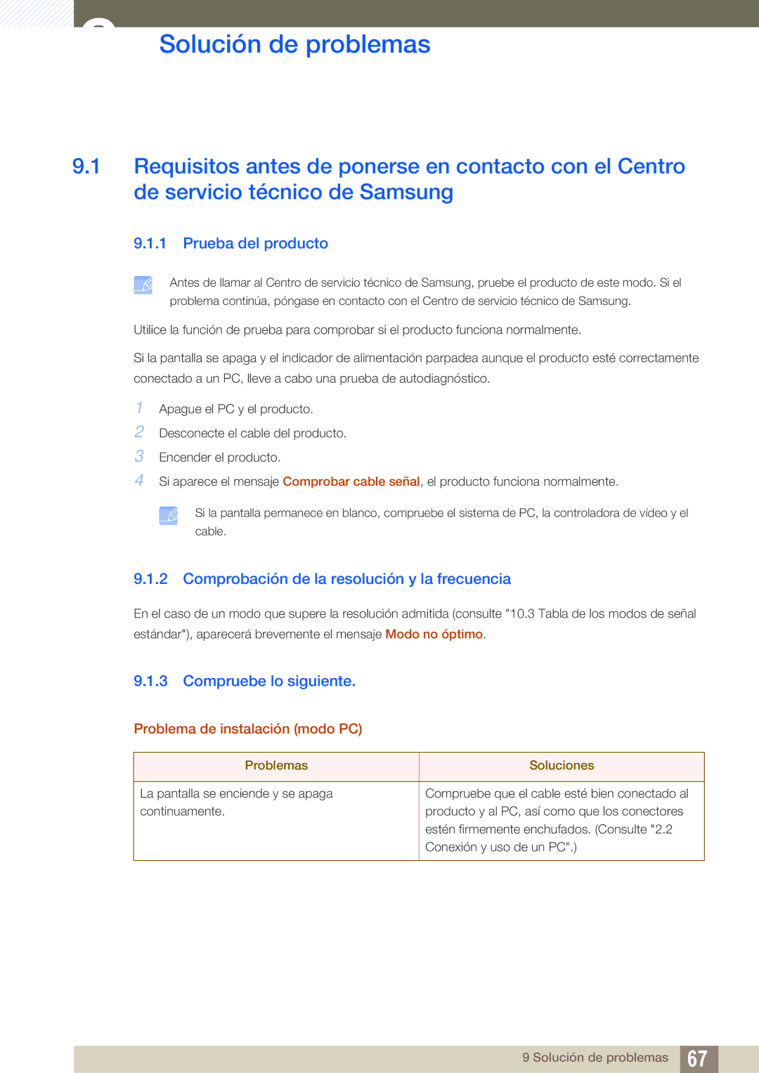 Samsung LS22D391QS/EN manual Solución de problemas, Prueba del producto, Comprobación de la resolución y la frecuencia 