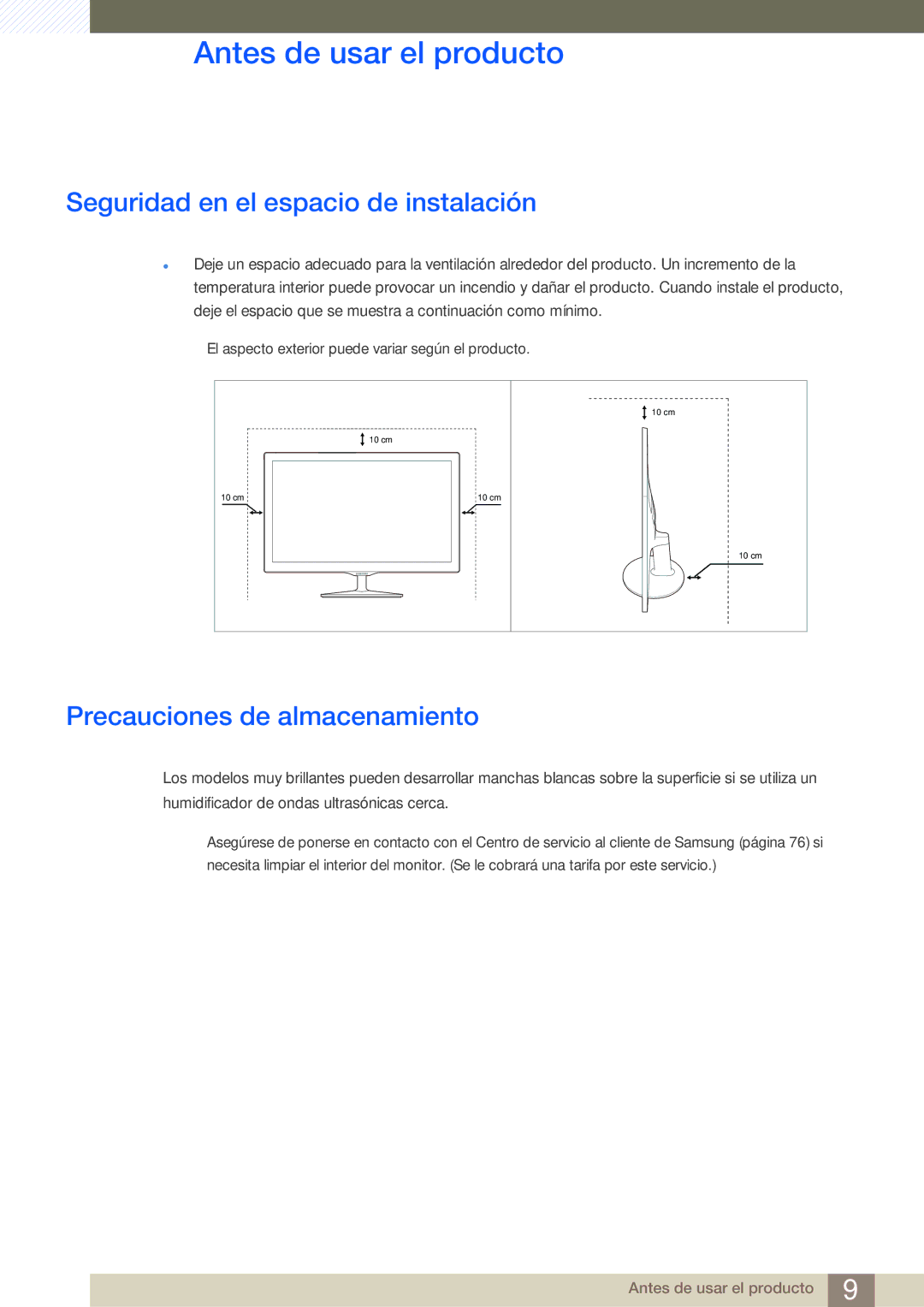 Samsung LS22D391QS/EN manual Seguridad en el espacio de instalación, Precauciones de almacenamiento 