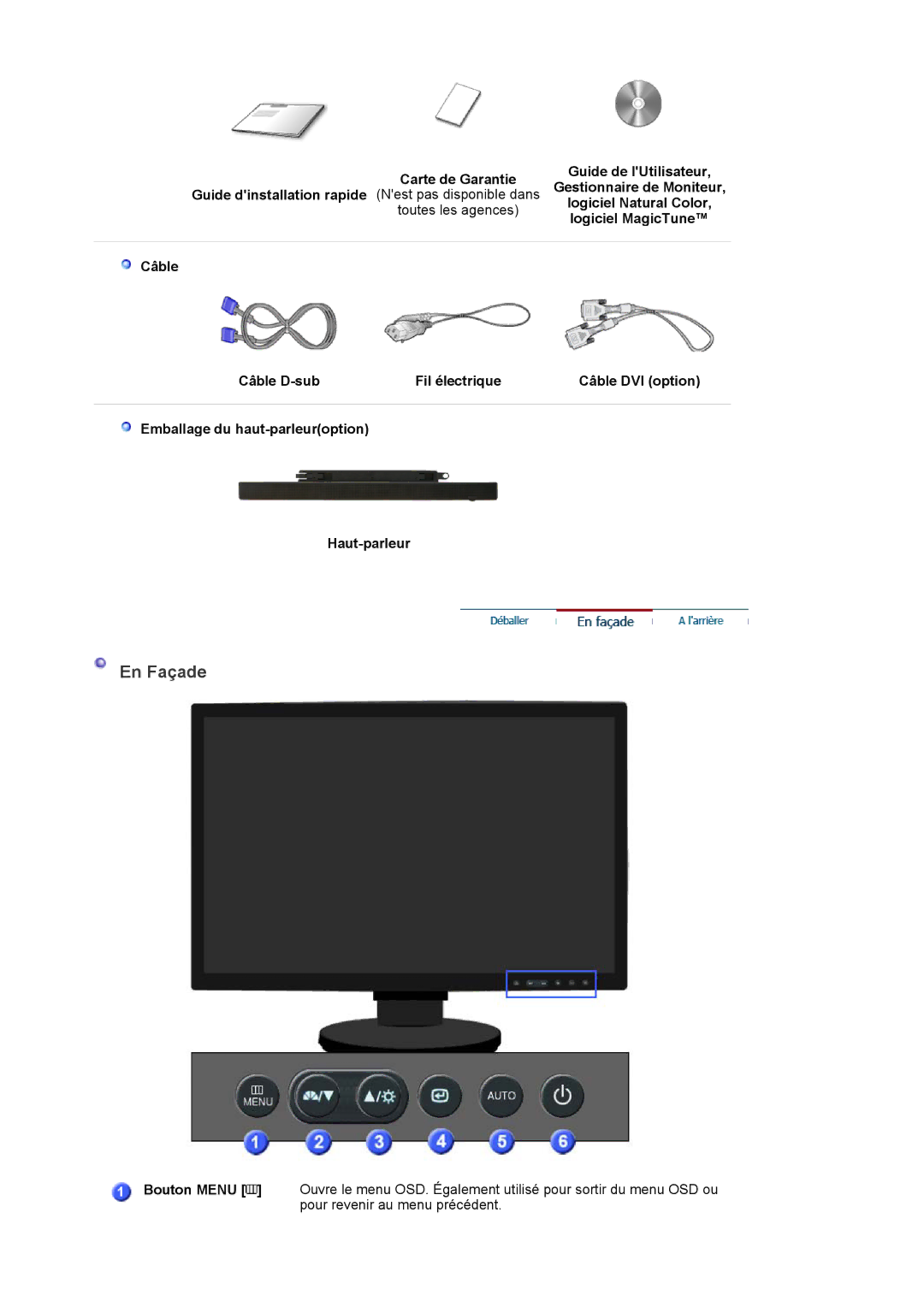 Samsung LS22DPWCSS/EDC, LS22DPWCSQ/EDC manual En Façade, Logiciel Natural Color, Logiciel MagicTune 