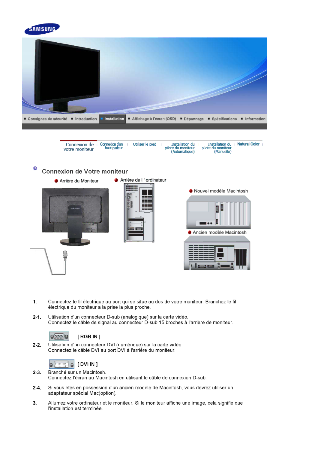 Samsung LS22DPWCSQ/EDC, LS22DPWCSS/EDC manual Connexion de Votre moniteur, Rgb, Dvi 