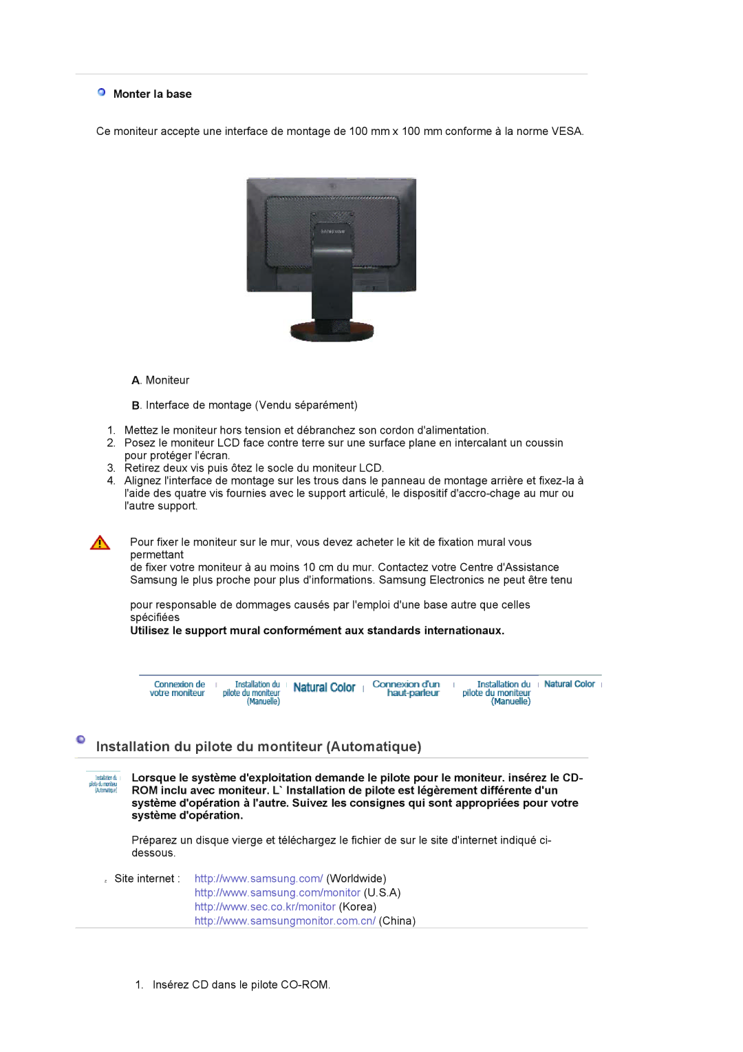 Samsung LS22DPWCSQ/EDC, LS22DPWCSS/EDC manual Installation du pilote du montiteur Automatique, Monter la base 