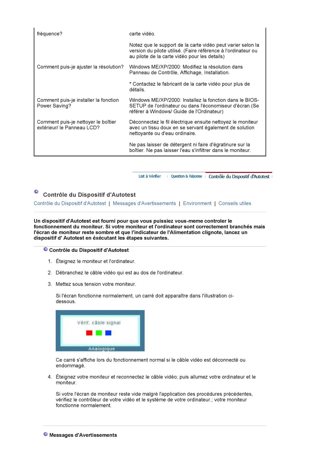 Samsung LS22DPWCSS/EDC, LS22DPWCSQ/EDC manual Contrôle du Dispositif dAutotest, Messages dAvertissements 