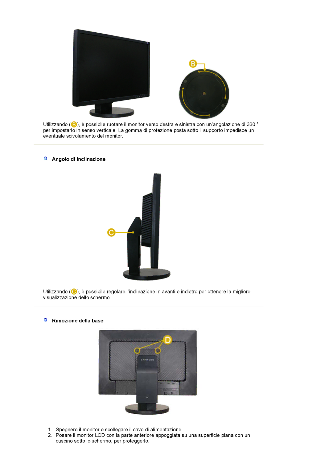 Samsung LS22DPWCSS/EDC, LS22DPWCSQ/EDC manual Angolo di inclinazione, Rimozione della base 