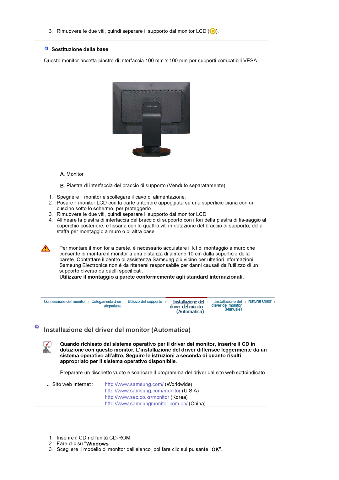 Samsung LS22DPWCSQ/EDC, LS22DPWCSS/EDC manual Installazione del driver del monitor Automatica, Sostituzione della base 