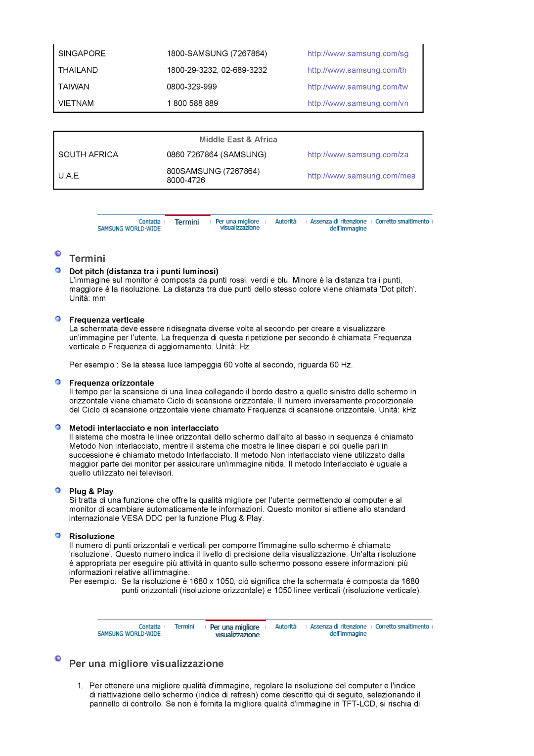 Samsung LS22DPWCSS/EDC, LS22DPWCSQ/EDC manual Termini, Per una migliore visualizzazione, Middle East & Africa 