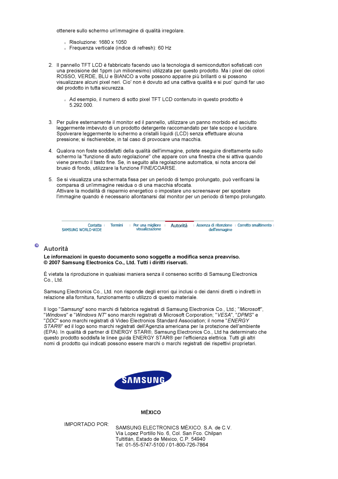 Samsung LS22DPWCSQ/EDC, LS22DPWCSS/EDC manual Autorità, México 