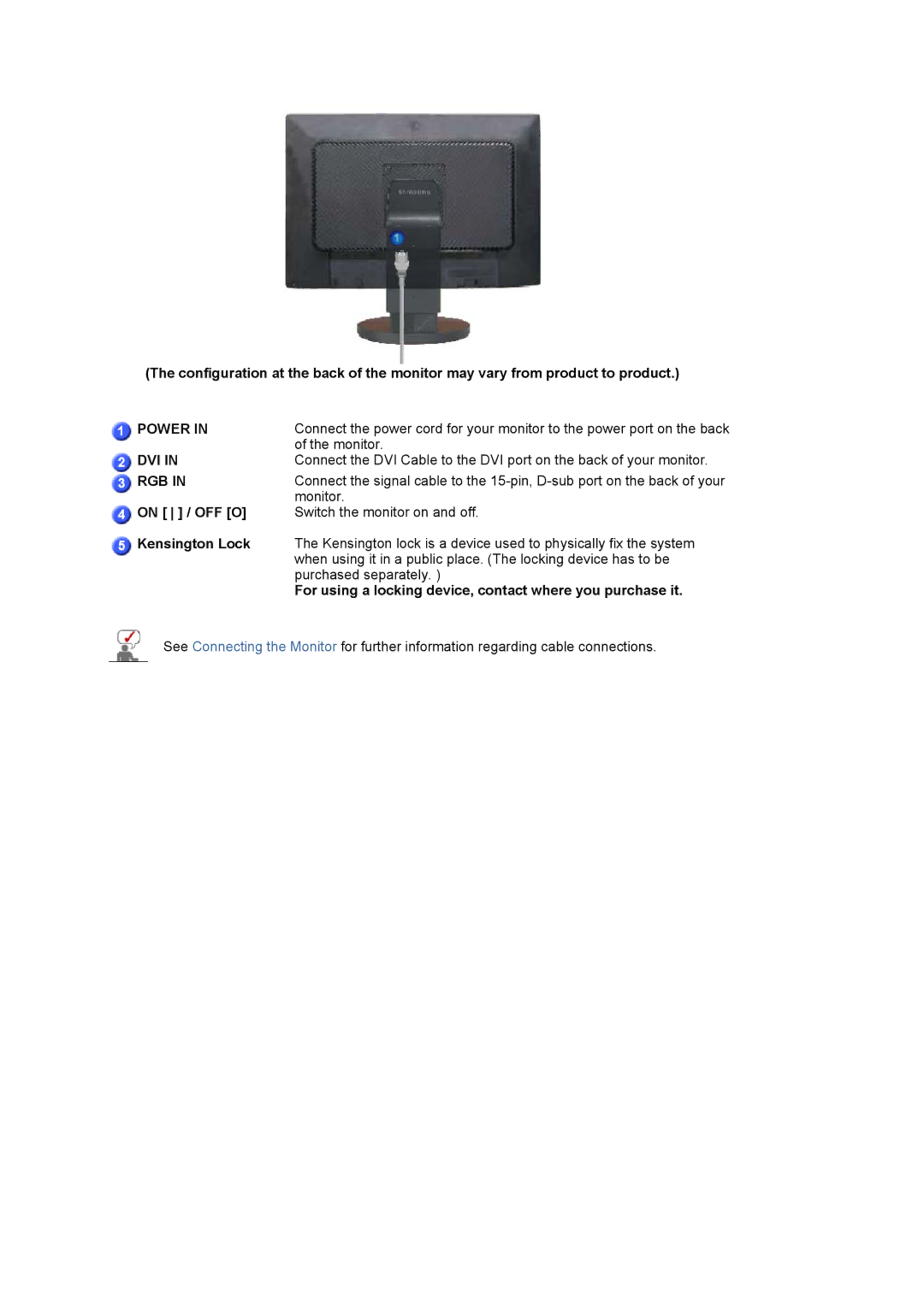 Samsung LS22DPWCSS/EDC manual On / OFF O, Kensington Lock, For using a locking device, contact where you purchase it 