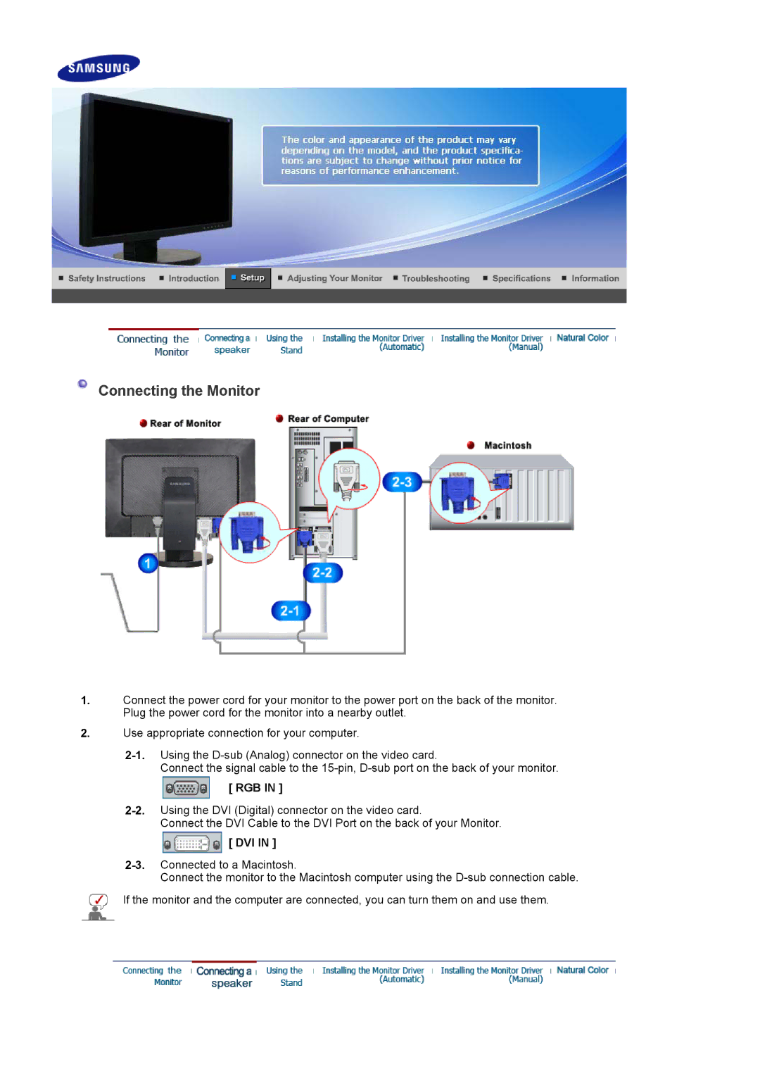 Samsung LS22DPWCSQ/EDC, LS22DPWCSS/EDC manual Connecting the Monitor, Rgb, Dvi 