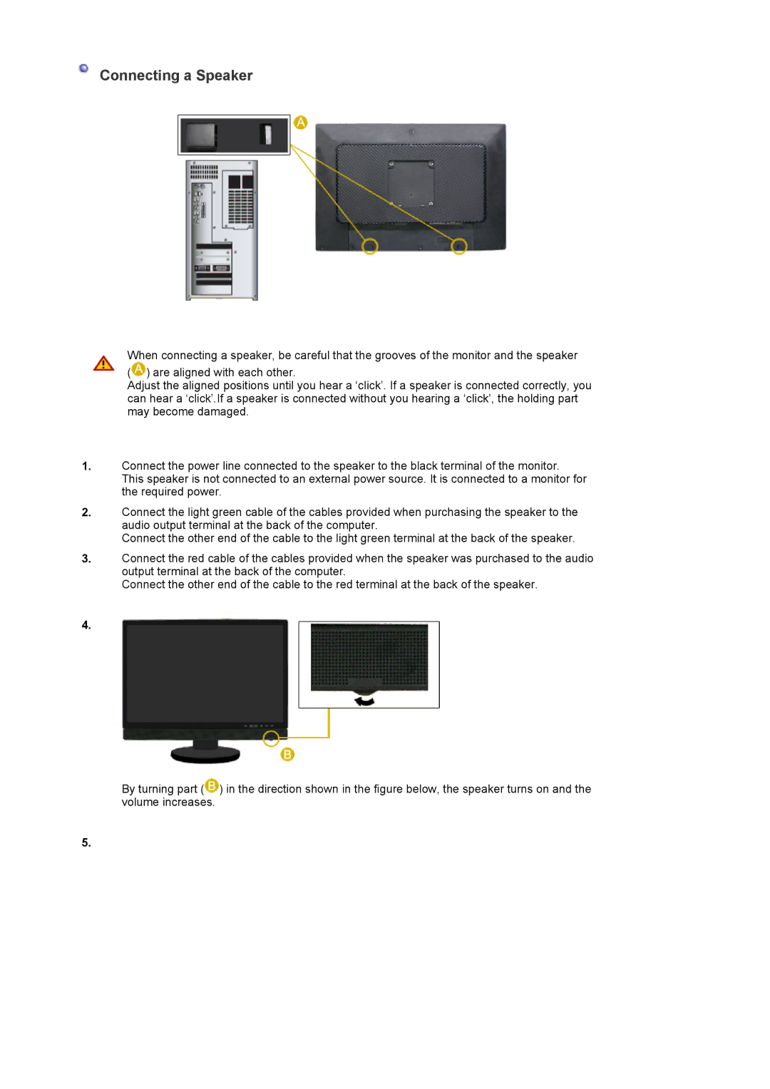 Samsung LS22DPWCSS/EDC, LS22DPWCSQ/EDC manual Connecting a Speaker 